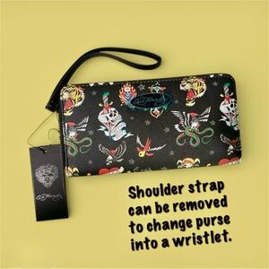 Ed Hardy Love Kills Wallet,Wristlet/Convertible CrossBody with Guitar Strap, NEW